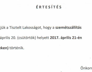 Értesítés: Szemétszállítás